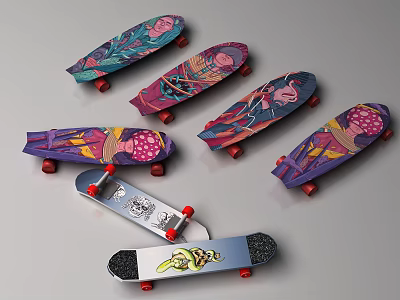 Colorful Skateboards Featuring Artistic Graphic Designs And Red Wheels As Sports Gear 3d model