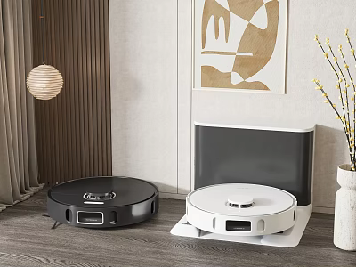 Black And White Robot Vacuum Cleaners With Charging Dock Modern Home Interior 3d model