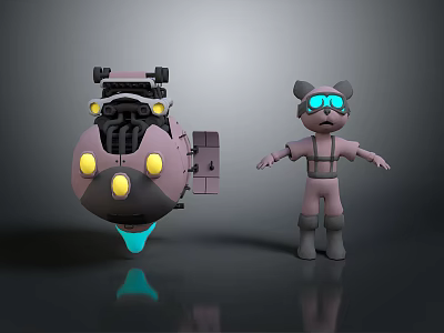 Artistic Mechanical Device and Cartoon Character Sculptures with Goggles and Spacesuit Like Outfit 3d model