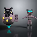 Artistic Mechanical Device and Cartoon Character Sculptures with Goggles and Spacesuit Like Outfit