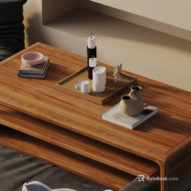 Modern Sofa and Coffee Table Set Interior With Wooden Table Candles Books Vases and Tray 3d model 