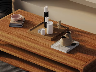 Modern Sofa and Coffee Table Set Interior With Wooden Table Candles Books Vases and Tray 3d model