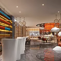 Modern Style Restaurant With Wine Racks Bar Counter Dining Tables Pendant Lights And Decorative Sculpture