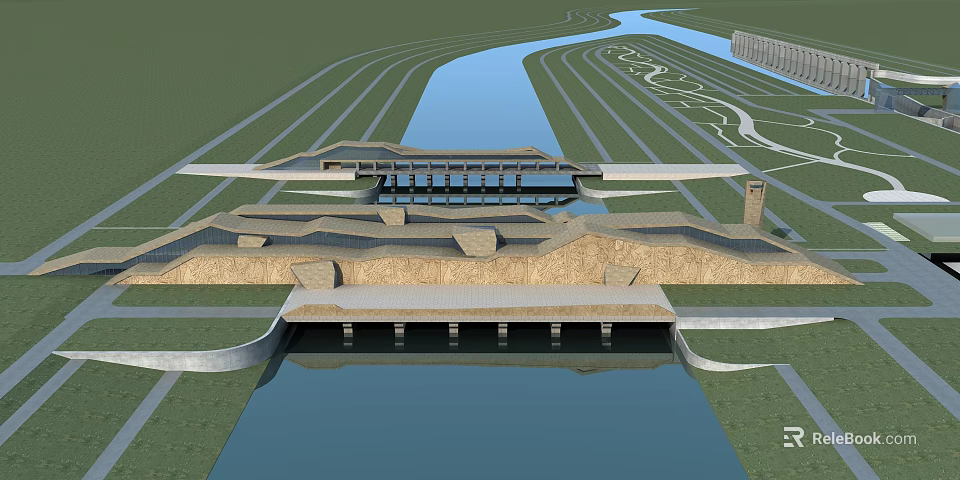 Modern Architectural Complex With Waterfront Green Spaces And Geometric Roof Design 3d model 