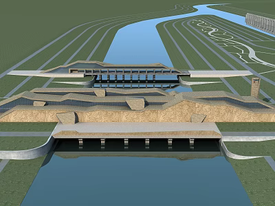 Modern Architectural Complex With Waterfront Green Spaces And Geometric Roof Design 3d model