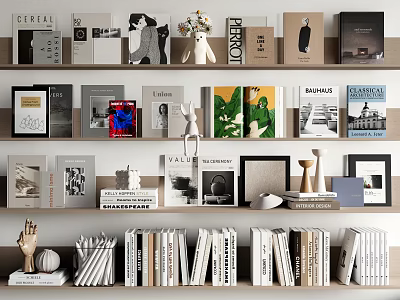Stylish Bookshelf Display With Diverse Books Magazines And Decorative Items 3d model