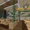 Elegant Restaurant Interior With Wooden Flooring Central Platform Large Mural Hanging Lanterns And Green Plants