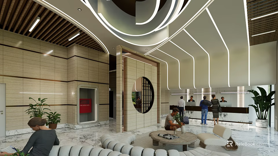 Modern Reception Area Featuring Stylish Desk Curved Lighting Decorative Mirror Marble Flooring And Sofa Seating 3d model 