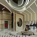 Modern Reception Area Featuring Stylish Desk Curved Lighting Decorative Mirror Marble Flooring And Sofa Seating