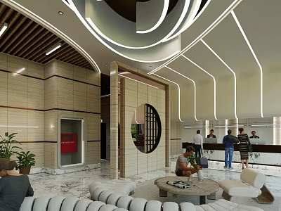 Modern Reception Area Featuring Stylish Desk Curved Lighting Decorative Mirror Marble Flooring And Sofa Seating 3d model