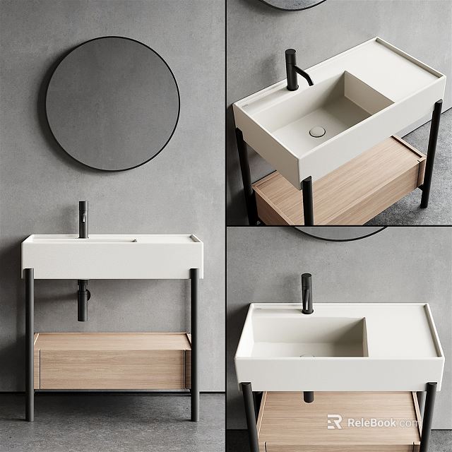Modern Bathroom Vanity With White Sink Round Mirror And Wooden Shelf Black Frame 3d model 