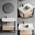 Modern Bathroom Vanity With White Sink Round Mirror And Wooden Shelf Black Frame
