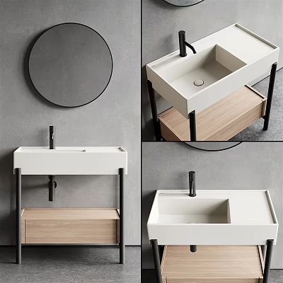 Modern Bathroom Vanity With White Sink Round Mirror And Wooden Shelf Black Frame 3d model
