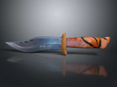 Handcrafted Tactical Knife With Silver Metal Blade And Orange Black Tiger Stripe Handle 3d model