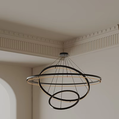 Modern Circular Chandelier Design With Metal Rings And Decorative Ceiling Molding 3d model