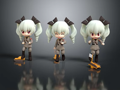 Game Movie Cartoon Character With White Twin Tails Red Eyes Military Uniform Three Different Poses 3d model