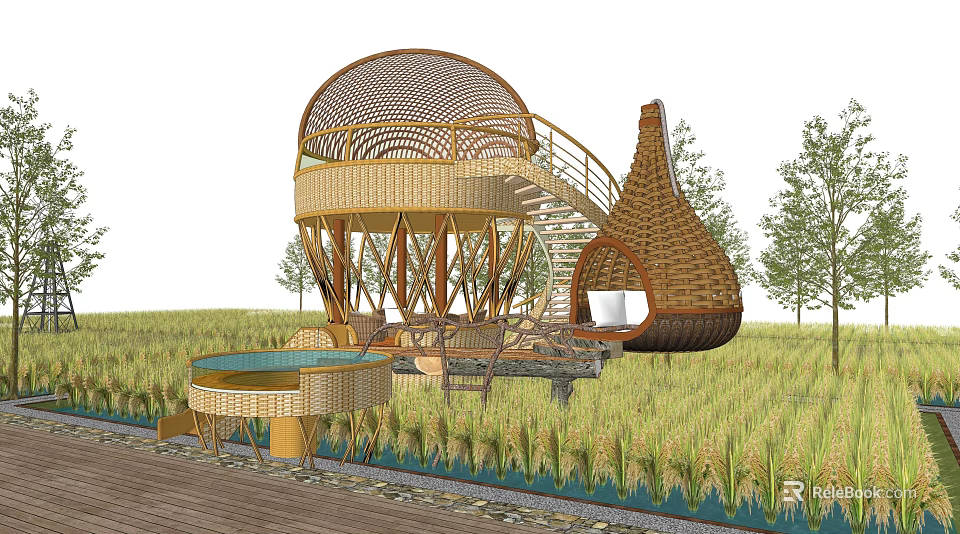 Unique Bamboo Structure With Round Platform Staircase And Hanging Hut In Rice Field 3d model 