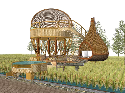 Unique Bamboo Structure With Round Platform Staircase And Hanging Hut In Rice Field 3d model