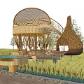Unique Bamboo Structure With Round Platform Staircase And Hanging Hut In Rice Field