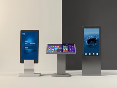 Modern Interactive Self Service Kiosks With Touchscreen Displays Different Sizes And Interfaces 3d model