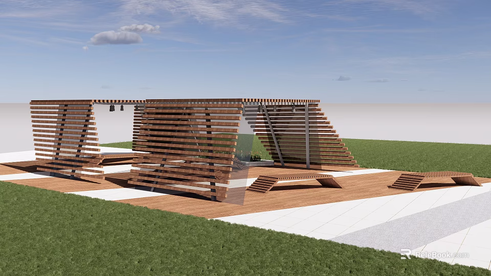 Modern Wooden Pergola With Slatted Structure In Outdoor Patio Seating Area 3d model 