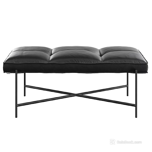 Black Leather Ottoman Bench with Modern Metal Crossed Legs and Comfortable Padded Seat 3d model 