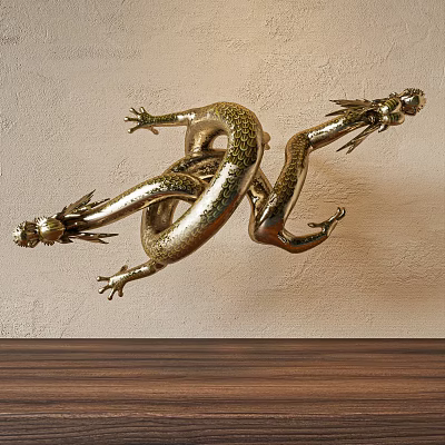 Intricate Golden Dragon Shaped Sculpture Hanging On Wall With Wooden Base 3d model