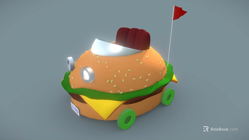 Fun Hamburger Shaped Car With Sesame Bun Lettuce Cheese Green Wheels And Red Flag 3d model 