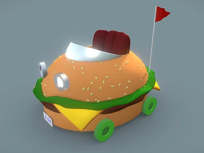 Fun Hamburger Shaped Car With Sesame Bun Lettuce Cheese Green Wheels And Red Flag 3d model