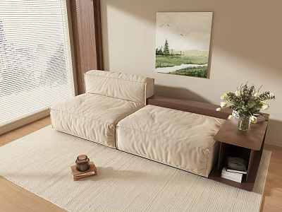 Beige Two Seater Sofa With Side Table Flower Vase And Wall Painting 3d model