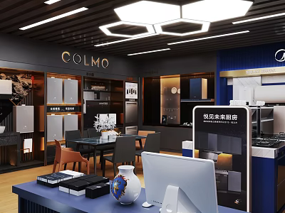 Modern COLMO Kitchen Appliances Showroom With Cabinets Display Area And Design Elements 3d model