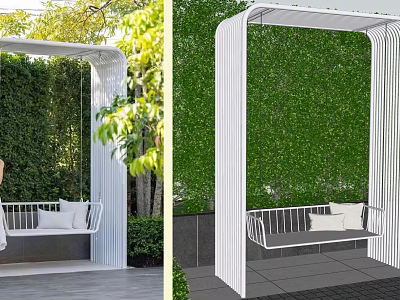 Outdoor Hanging Chair With White Frame Green Plant Background And Comfortable Cushions 3d model