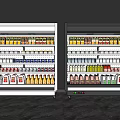 Black And White Commercial Refrigerator Display Cabinets With Glass Doors Holding Various Bottled Beverages