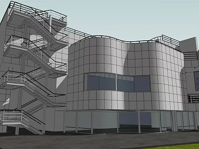 Modern Office Building With Curved Glass Curtain Wall And External Staircase 3d model