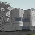 Modern Office Building With Curved Glass Curtain Wall And External Staircase