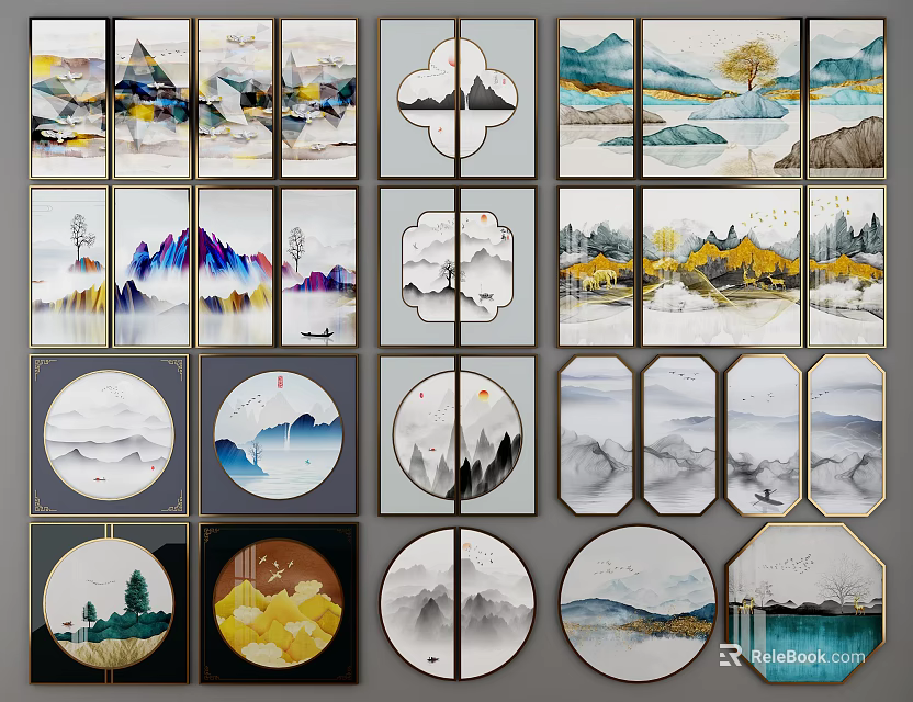 Decorative Landscape Paintings With Mountain River Tree Scenes In Various Shapes 3d model