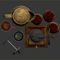 Vintage Kitchen Utensils Collection Featuring Copper Kettle Manual Grinder Metal Containers And Red Fruits In Wicker Basket