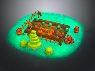 Fresh Pumpkins Displayed On Wooden Stand With Fence Barrels And Green Decorative Trees 3d model