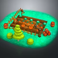 Fresh Pumpkins Displayed On Wooden Stand With Fence Barrels And Green Decorative Trees