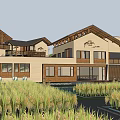Rustic Guesthouse Building With Wooden Facade And Lush Rice Field Surroundings