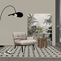 Modern Single Sofa Living Space With Floor Lamp Palm Painting And Wooden Side Table