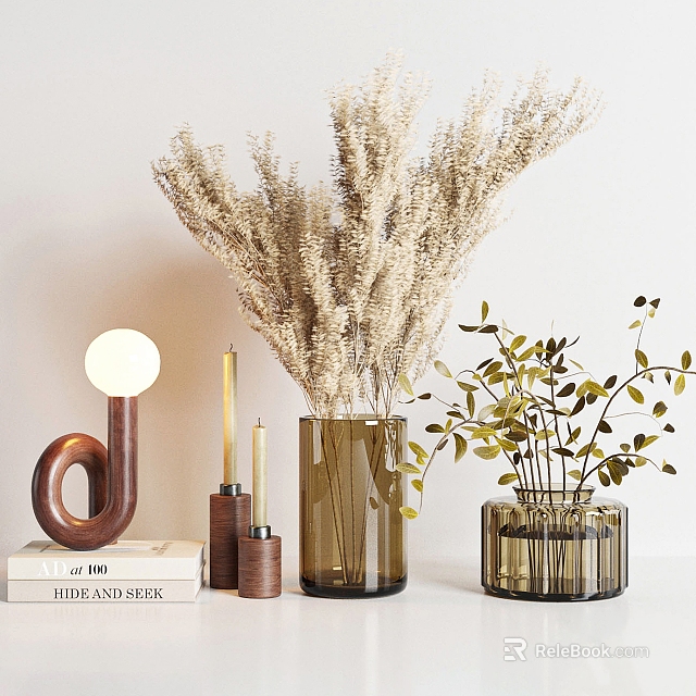 Stylish Decorative Ornament Set With Dried Flowers Green Plants Table Lamp Candles And Books 3d model 