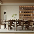 Elegant Modern Restaurant Dining Space With Wooden Tables Chairs Green Plant And Decorative Shelves