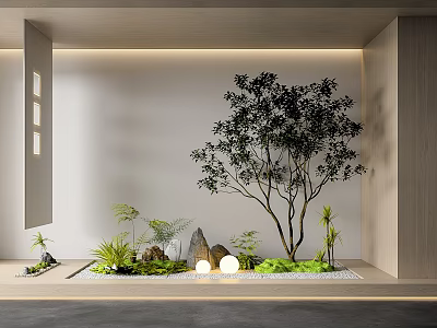 Minimalist Indoor Landscape With Large Tree Small Plants Stones And Round Lights 3d model