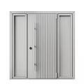 Modern Wooden Door With Vertical Stripes Black Frame And Glass Side Panels Viewing Trees Outside