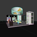 Modern Exhibition Booth With Yellow Triangle Logo Round Ceiling Light Display Shelves And Product Displays