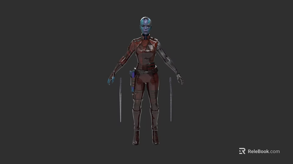 Blue Skinned Game Movie Character In Red Outfit With Dual Swords Standing Pose 3d model 