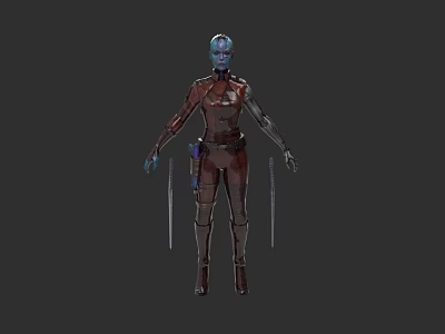 Blue Skinned Game Movie Character In Red Outfit With Dual Swords Standing Pose 3d model