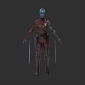 Blue Skinned Game Movie Character In Red Outfit With Dual Swords Standing Pose