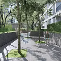 Residential Landscape with Modern Apartment Building Lush Trees Green Lawn and Recreational Space